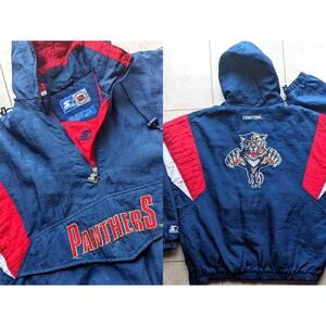 Florida Panthers CATS 90s STARTER puffer 1/2 jacket 2XL navy red NHL hockey vtg